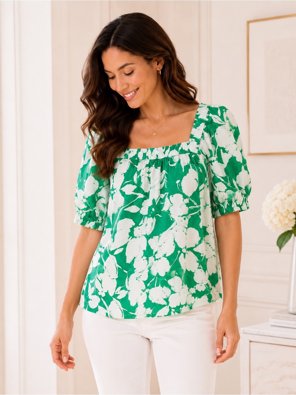Sonoma Green White Floral Square Neck Puff Sleeve Peasant Top NWT S
